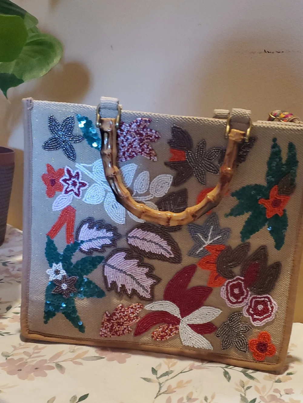 AMERICA AND BEYOND Beaded Floral Tote Bag with Bamboo Handles - Beige Multicolor - Picture 1 of 6